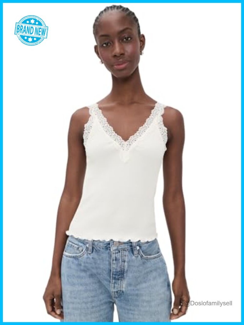 Lace-Trim Ribbed V-Neck Tank Top Regular Fit Spring Summer